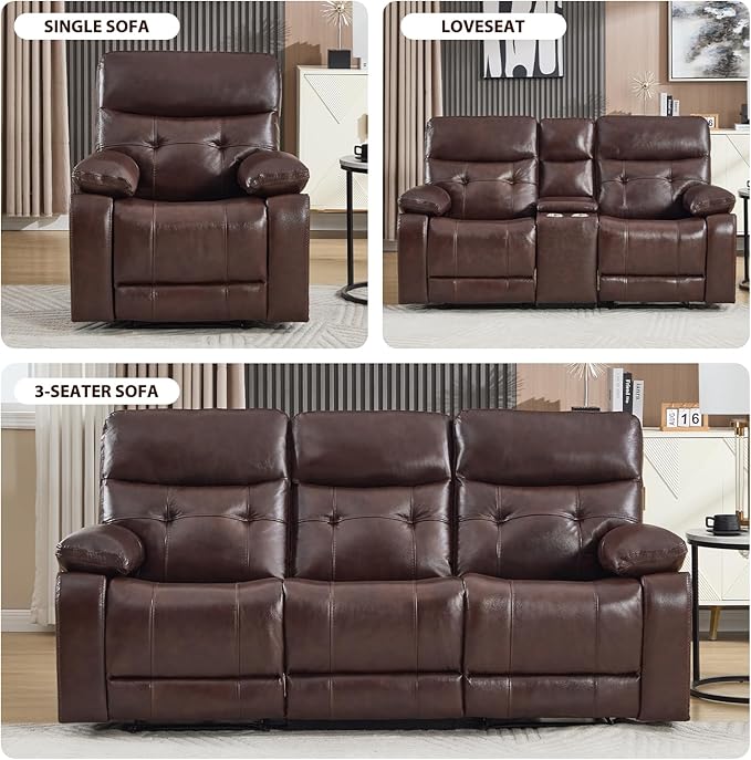 CANMOV Genuine Leather Recliner Chair, Power Single Reclining Sofa with Comfortable Arms and Back, Modern Electric Recliner Couch Set with Hidden Cup Holders,USB,Type C Port for Living Room,Dark Brown
