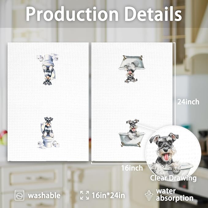 Funny Schnauzer Dog Hand Towels Set of 2, Gifts for Miniature Schnauzer Dog Owners Lovers, Puppy Pet Decor for Bathroom, Pet Lovers Gifts Toilet Hand Towels for Bathroom Washroom, 16x24In