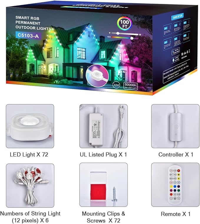 wowlite Permanent Outdoor Christmas Lights 100FT, RGB+IC Smart Eave Lights with 72 LEDs, IP67 Waterproof, 110+ Scene Modes for House, Daily & Holiday Decorations, Works with Alexa & Google