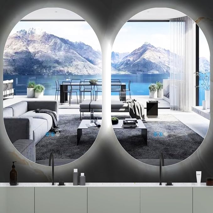 THEKLA 24 x 40 Inch Oval Lighted Vanity Mirror with Lights Backlit Smart Memory 3 Color Dimmable AntiFog 40" Frameless LED Oval Backlit Mirror for Bathroom Salon Makeup Wall Vertical/Horizontal Mount