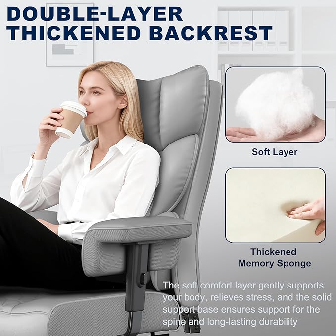 Misolant Big and Tall Office Chair with Footrest, High Back Executive Desk Chair with Adjustable Lift Armrest, 155°Recline,Lumbar Support Pillow, Faux Leather Gaming Chairs for Home or Office Gray