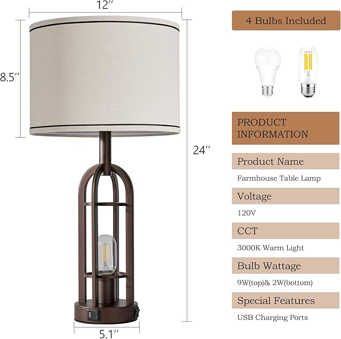 Farmhouse Table Lamps for Living Room Bedroom Set of 2 - Rustic Industrial Bedside Lamps for Night Stands with USB A+C, 24" Vintage Nightstand Lamp with Night Light, Bulbs Included
