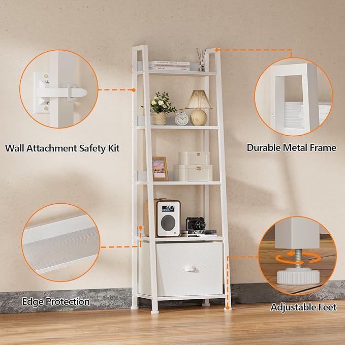 Furologee 5-Tier White Ladder Shelf, Ladder Bookshelf with Removable Drawer, Mordern Bookcase Storage Rack Organizer, Wood Metal Freestanding Storage Shelves for Living Room, Home Office, Bedroom