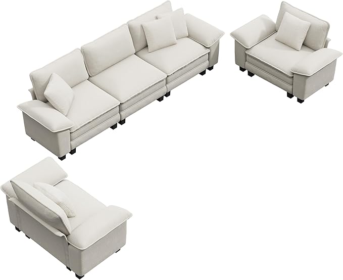 Cloud Couch Sectional Sofa Set, Plush 24.4-Inch Deep 5-Seat Sectional with Velvety Chenille & Removable Arms for Living Room and Apartment, Beige