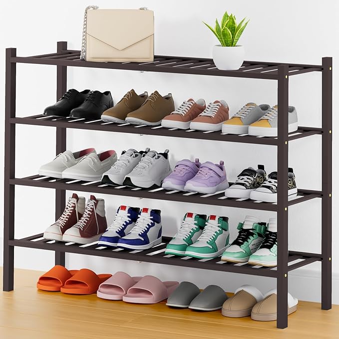 Smiry Shoe Rack, 4 Tier Thick Long Bamboo Shoe Organizer, Stackable Free Standing Wooden Shoe Storage Shelf for Closet, Entryway, Front Door Entrance, Brown