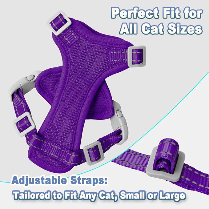 Cat Harness and Leash Set Escape Proof for Kitten Walking, Soft Adjustable Top Handle Vest Harnesses for Cats, Easy Control Breathable Reflective Small Medium Large, Purple, M