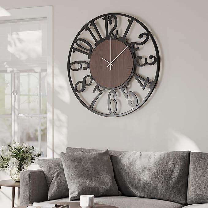 Cuspin Large Wall Clock 24 Inch for Living Room Decor, Silent Non Ticking Battery Operated Black Round Metal and Wood Wall Clock, Modern Farmhouse Rustic Big Clock with Arabic Numerals