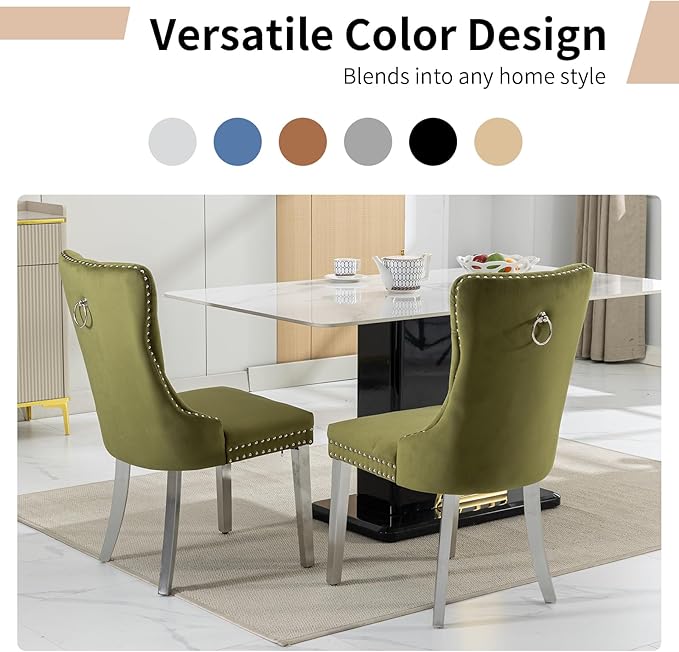 Luxury Upholstered Dining Chairs Set of 4, Olive Green Kitchen Chair with Silver Metal Legs, Velvet Tufted Back Dining Chair, Sillas de Comedor, Modern Kitchen & Dining Room Chairs (Olive, 4 Pcs)