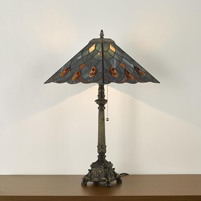 Tiffany Table Lamps Sea Blue Stained Glass Crystal Style Mission Desk Lamp 12X12X24 Inch Bronze Resin Base