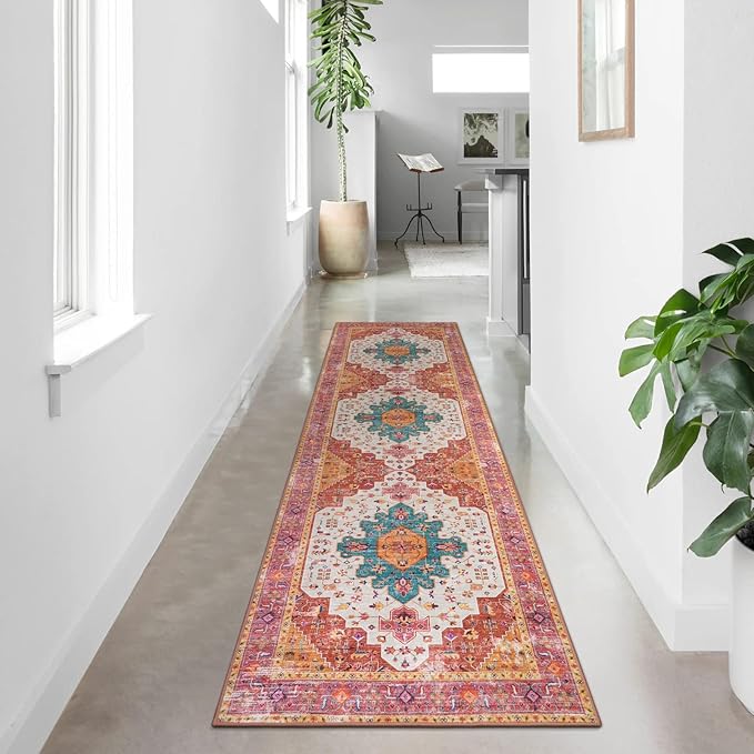 Moynesa Ultra-Thin Washable Rug - 2'6" x 10' Pink Long Hallway Carpet, Vintage Non Skid Non Shedding Low Pile Bedroom Mat for Girl's Room, Bathroom, Kitchen