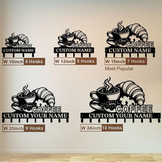 Coffee Bar Keys Holder - Metal Iron Wall Hooks with Custom Name | Personalized Home Decor & Gift Idea | Coffee-Themed Text Engraving Design (Style G)