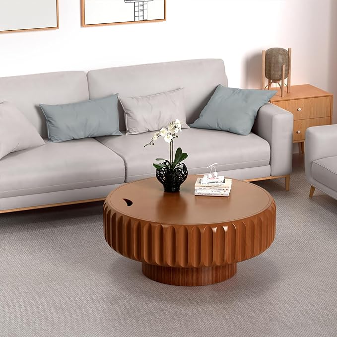 31.5" Drum Coffee Table with Storage Modern Unique Fluted Tea Table Contemporary Round Coffee Table with Fluted Center Table for Small Space Apartment(31.5in)