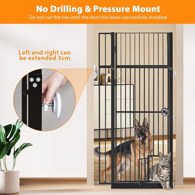 71" Extra Tall Pet Gate with Cat Door, 29-37.5" Extra Wide Full Door Cat Gate for Doorway, No Drill Pressure Mounted Gate for Cats, Pet Barrier Indoor, No Jumping Over for Stairs Hallway, Black