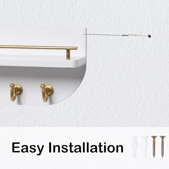 Key Holder for Wall, Decorative Key and Mail Organizer with 6 Sturdy Metal Hooks and Floating Shelf, 14 Inches Wood Wall Mounted Key Rack for Entryway, White and Gold