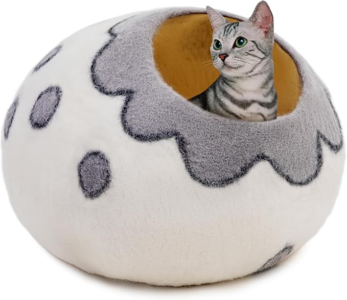 Woolygon Premium Felt Cat Cave Bed β Wool Kitty Beds Handcrafted Kitten Caves Bed for Indoor Cats - Made from 100% Eco-Friendly Merino Wool, Foldable Cat Hidewawy Covered Cat House Pod (Flower Collar)