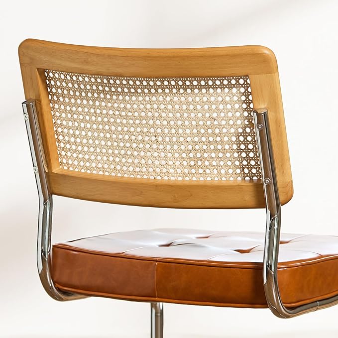 Brown Faux Leather Rattan Dining Chairs Set of 2, Wooden Mid Century Modern Dining Room Chairs, Mesh Back Cane Kitchen Chair, Cesca Design Chairs with Metal Chrome Legs