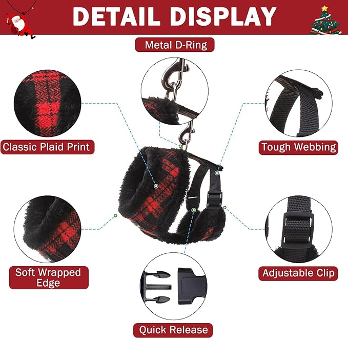 SCENEREAL Small Dog Harness Collar and Leash Set, Warm Fleece No Pull Puppy Vest Harness, Christmas Dog Outfit No Chock Adjustible Step in Pet Halter for Outdoor Walking Training, Red Plaid S