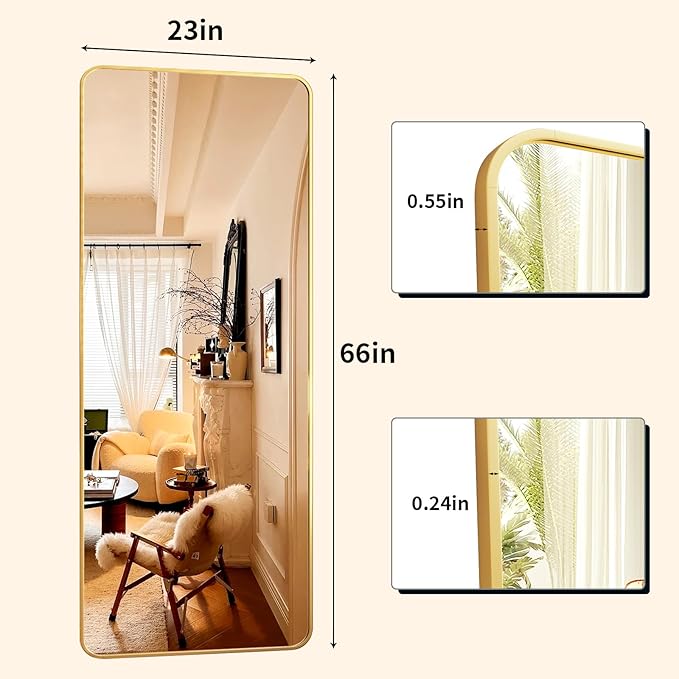 64"x21" Full Length Mirror, Full Body Rounded Corner Rectangle Mirrors with Stand, Standing or Leaning Metal Framed Floor Mirror, Wall Mounted Mirrors Hang Horizontally or Vertically, Gold