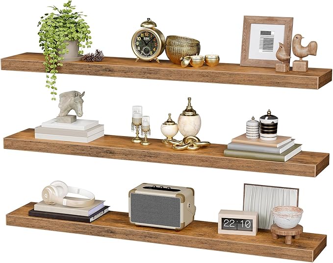 Floating Shelves for Wall, 1.5" Thick Wall Shelf Set of 3 with Invisible Bracket, L47.2 x W7.9 Hanging Shelves Farmhouse Home Decor for Bathroom, Living Room, Bedroom, Rustic Brown 12301BJP3BF