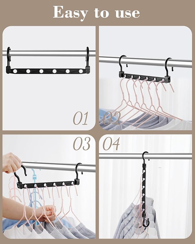 Space Saving Hangers for 48 Clothes, Reinforced Collapsible Hangers with 360° Swivel Hook, Hanger Hooks Space Saver for Closet Organizers and Storage, Dorm Room Essentials, Fully Assembled, Black