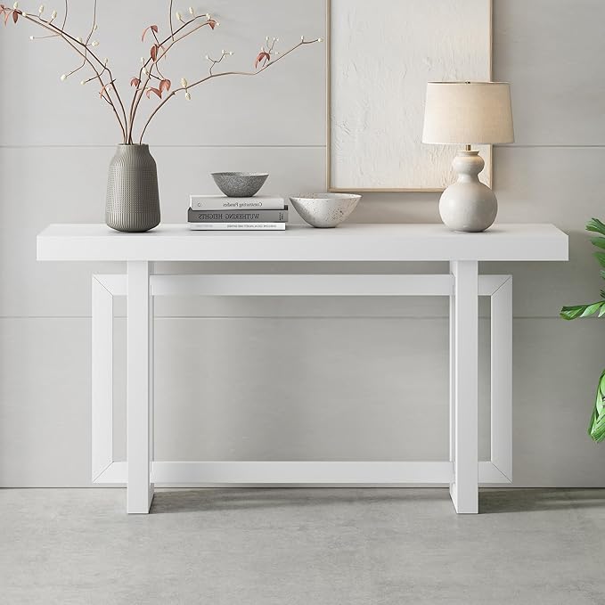 Knocbel Contemporary Console Table with Industrial-Inspired Concrete Wood Top, Minimalist Entryway Table for Hallway Living Room Foyer Corridor, 59.1" W x 15.7" D x 31.7" H (White)