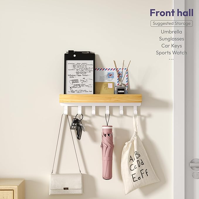 SWTYMIKI Key Holder Wall Mount-Wooden Key Hooks for Wall with Mail Organizer & 6Hooks, 2Installation Ways Key Hanger, Key Rack with Shelf for Entryway Living Room Bedroom Home Decor Wood White Hook