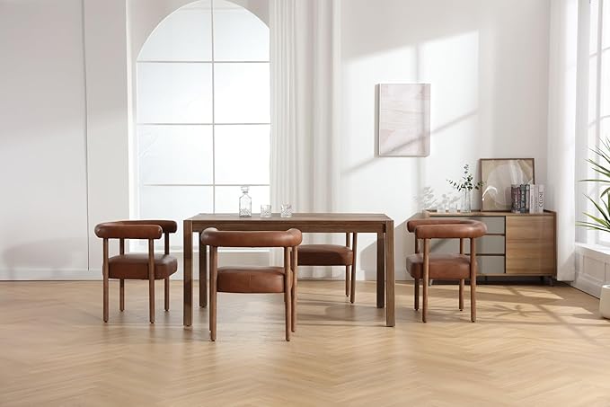 Mid-Century Modern Dining Chairs Set of 2, Armrest Barrel Dining Chairs Side Accent Chairs with Curved Back, Upholstered Wood Armchairs for Kitchen, PU Leather Brown