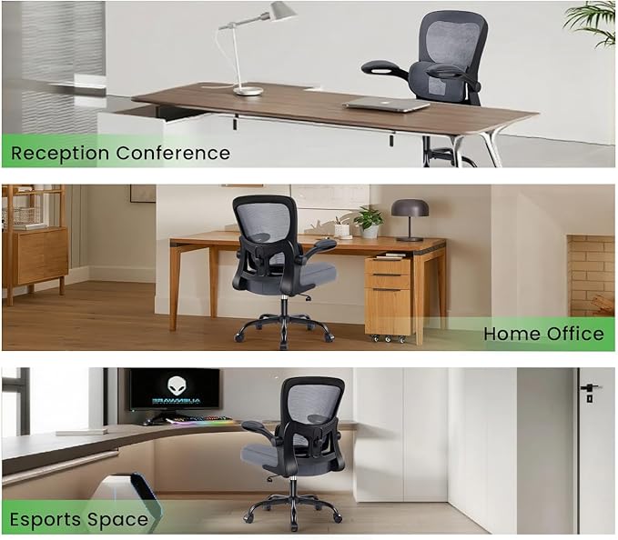 Ergonomic Office Chair, Comfy Desk Chair with Adjustable Lumbar Support, Mesh Computer Chair with Wheels, Flip-up Armrests, Swivel Rolling Executive Chair for Home Office, Gaming, Dark Gray