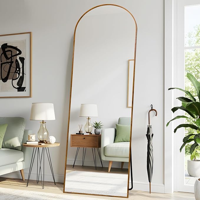 Arched 26x71 Inch Full Length Mirrors Aluminium Frame in Classic Yellowish Brown Wood Looking Free Standing Floor Mirror Full Body Wall Mounted for Bedroom Living Room and Hallway