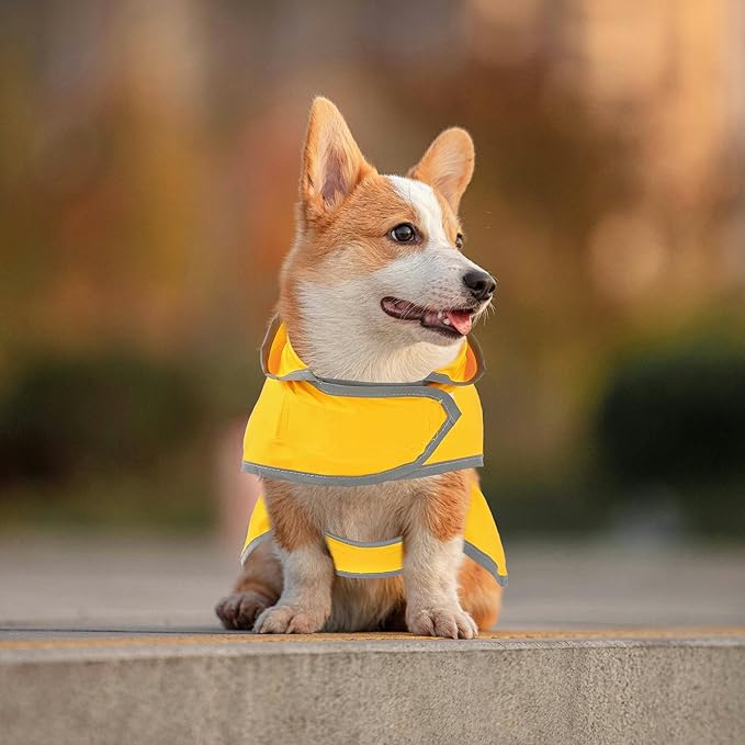 Dog Raincoat for Medium Dogs Waterproof Hooded Rain Jacket with Reflective Strips Leash Hole & Poncho Adjustable Fit (Yellow,L)