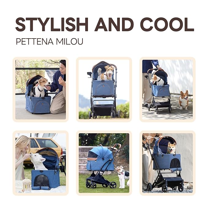 PETTENA X-Fold Dog Stroller for Small/Medium Dogs up to 55 Lbs, Premium 3 in 1 Pet Stroller, Large All-Terrain Rubber Wheels, Navy Blue