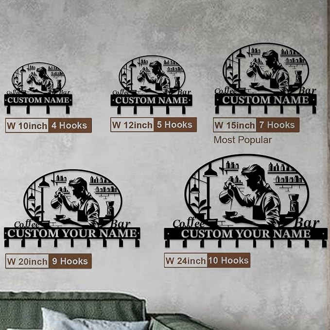 Coffee Bar Keys Holder - Metal Iron Wall Hooks with Custom Name | Personalized Home Decor & Gift Idea | Coffee-Themed Text Engraving Design (Style E)