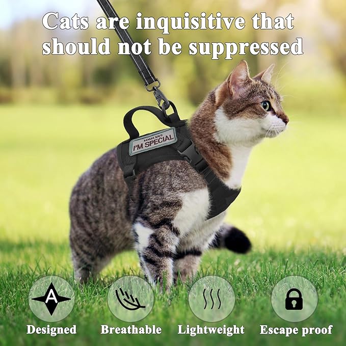 Tactical Cat Harness for Walking Escape Proof, Soft Mesh Adjustable Pet Vest Harness for Large Cat, Small Dog and Khaki (Black, Medium)