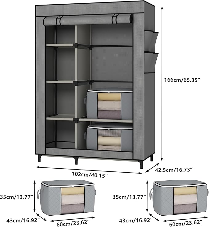 Calmootey Portable Closet, Wardrobe with 6 Shelves and Hanging Rod, Storage Organizer for Bedroom, Non-Woven Fabric Cover with 4 Side Pockets, Includes 2 Storage Bags for Clothes, Grey