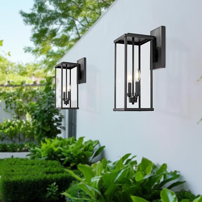 Bestshared Outdoor Wall Sconce Lights, 20 Inch Tall Exterior Wall Lighting Fixtures with Clear Glass, Anti-Rust Modern Black Outside Lantern Lamp for House Front Porch Patio(Black,20 in Height-2PACK)