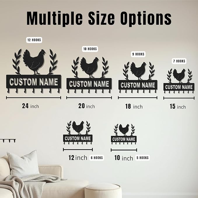 Personalized Key Holder for Wall, Custom Metal Chicken Key Hooks with Name, Meta Jacket Holder Hooks Organizer Rack, Jacket Hanger Decor for Kitchen, Entryway, Hallway, Office, Doorway
