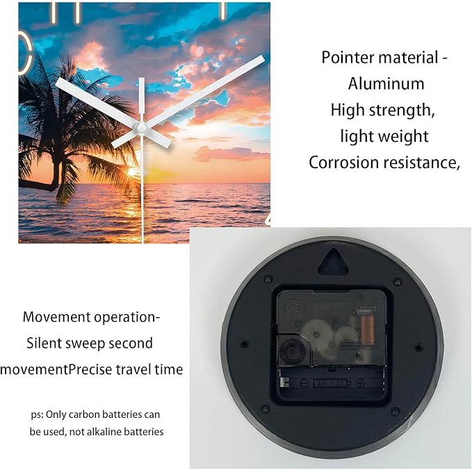 XFM Beach Wall Clock 14 Inch Palm Tree Analog Wall Clocks Battery Operated for Living Room Kitchen Decor Sunset Coastal Glass Silent Wall Clock