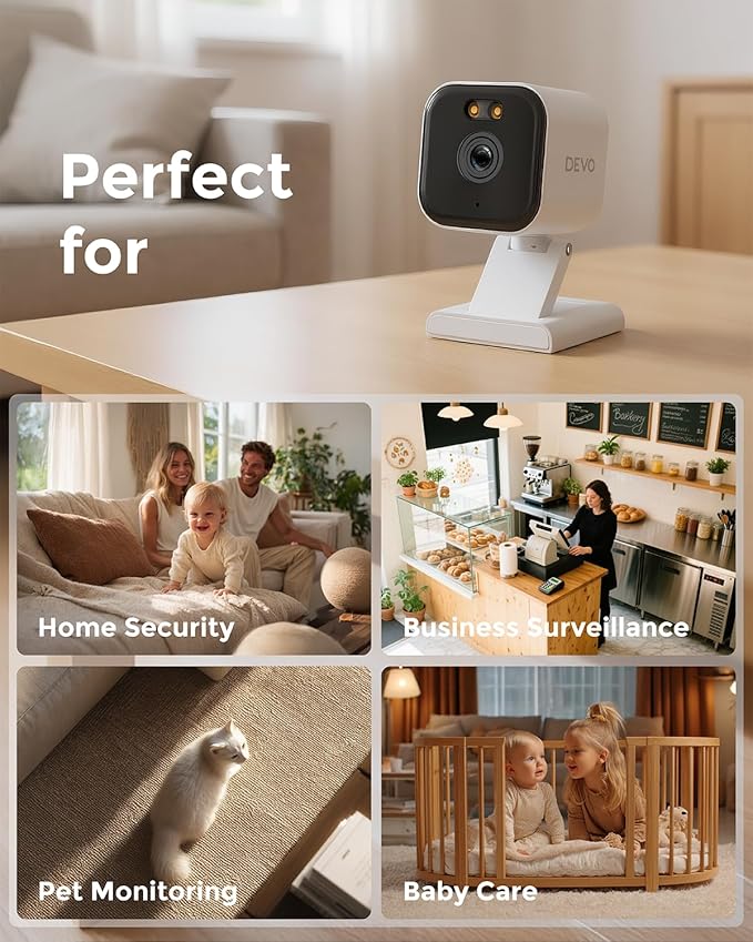 Devo Security Camera 2K | Indoor |Baby Monitor & Pet Camera | 2-Way Audio, Color Night Vision, Live Stream, Motion Alerts & Notifications White,1 Cam