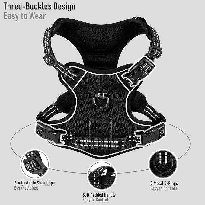 Dog Harness Medium Sized Dog, No Pull Pet Harness with Metal Front Clip Control, Adjustable Dog Vest for Easy Walking, Breathable Oxford Material, Reflective Strips, Black, M