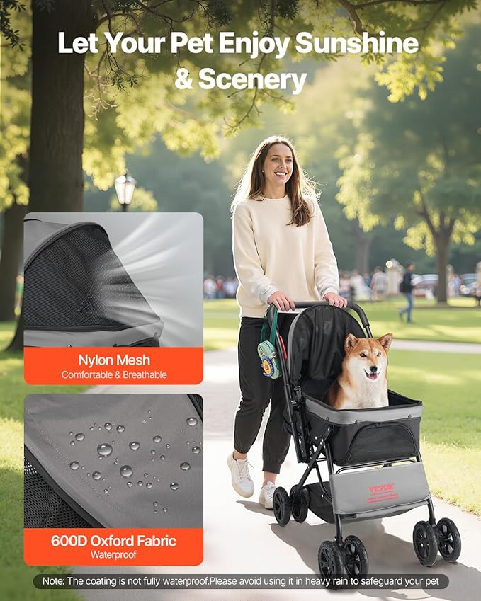 VEVOR Pet Stroller, 44 lbs Weight Capacity, Foldable Dog Cart, 4 Wheels Cats Stroller with Mesh Windows & Revrsible Handle, Portable Pet Carrier with Brake, for Small to Medium Pets