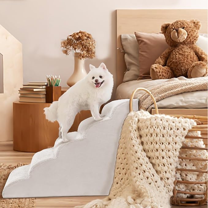 5 Steps Dog Stairs for Bed, 24" Dog Steps for High Bed, High Density Pet Steps for Small Dogs, Extra Wide Non-Slip Dogs Ramp for Injured, Older Pets, Small Cats, White