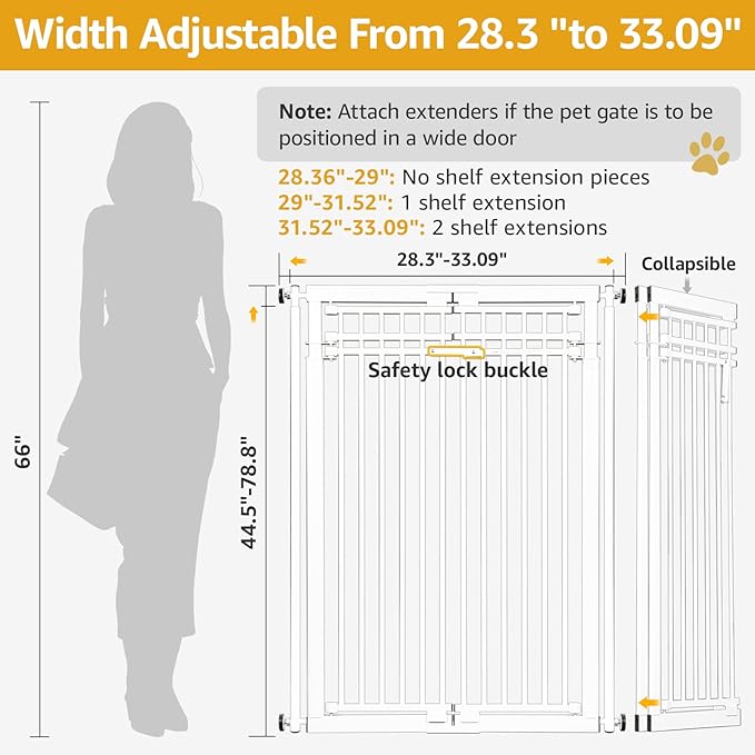 78.8" Extra Tall Cat Gate, 28.3-33" Wide Dog Door, Pressure Mounted Easy Walk Through Safety Metal Pet Gate for Doorway, No Drilling Cat Proof Gate (White)