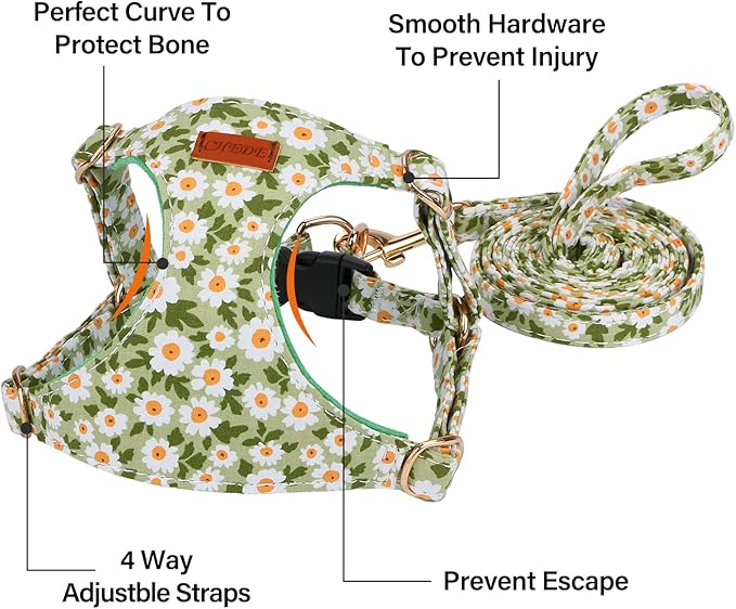 CHEDE No Pull Floral Pattern Dog Harness - Lightweight and Soft, Adjustable Small Dog Harness and Leash Set, with Dog Leash, Suitable for Puppy Small and Medium-Sized Dog (M, Green Daisy)