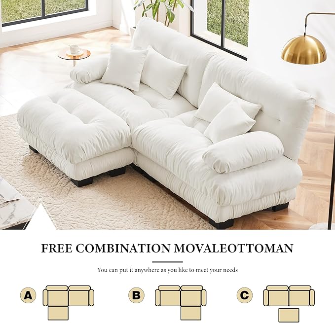 94.4" Loveseat Sofa, 2 Seater Modular Sectional Sofa, White Large L Shaped Sectional Fluffy Couch, Chenille Cloud Couch with Ottoman, Deep Seat Sofas for Living Home