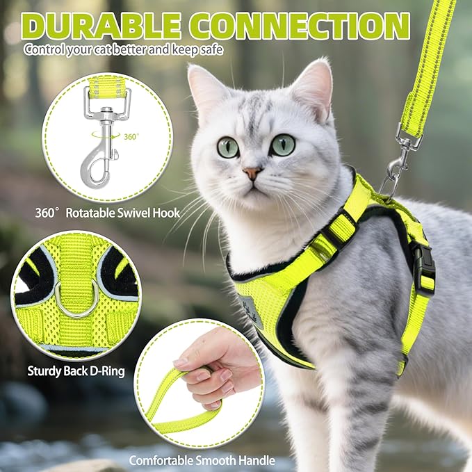 PUPTECK Cat Harness and Leash Set Escape Proof Reflective Cat Walking Harness Adjustable Soft Breathable Mesh Vest for Small Pets, Fluorescent Yellow, S
