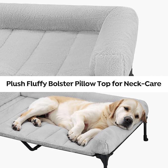 Veehoo Cooling Elevated Dog Bed with Fluffy Plush Bolster Cushion, Indoor Raised Dog Beds for Large Dogs, Soft Pet Sofa Cot with Removable Washable Mat, No-Slip Feet, 59 x 37 inches, Grey