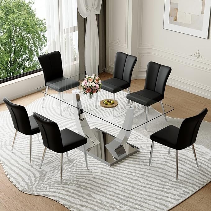 71'' Glass Dining Room Table Set for 6, Kitchen Table Set with 6 PU Leather Chairs, Tempered Glass Dining Table Set with Silver U-Shaped Table Legs and Rectangular Base