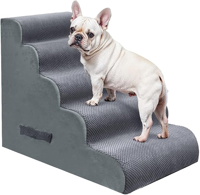 PAWSCART Dog Stairs for Small Pets, 22.8" H with 30D Material Soft Foam, Portable Ramp Non-Slip Surface Non-Slip for Couch and High Bed Climbing, 5-Step Stairs for Cat or Dog, Grey