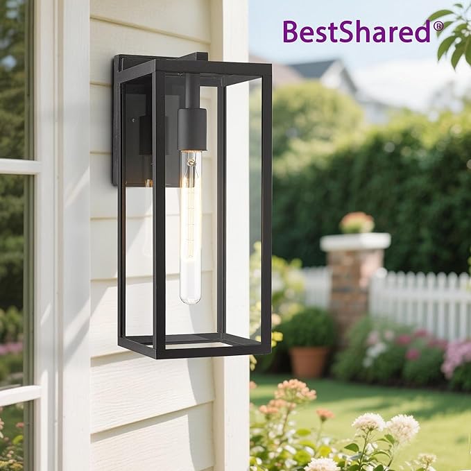 Bestshared Outdoor Wall Sconce Lights,Exterior Wall Lighting Fixtures with Clear Glass, Anti-Rust Modern Black Outside Lantern Lamp for House Front Porch Doorway Patio (Black, 15"-2 Pack)