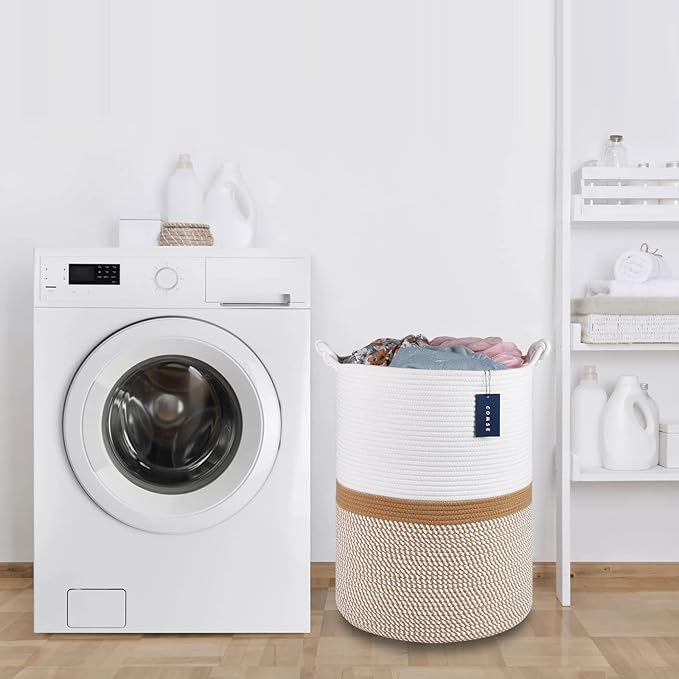 COMSE Extra Large Blanket Basket, Tall Woven Storage Basket, Nursery Hamper, 15.7”x 21.7”, Cotton Rope Laundry Hamper for Toys Clothes Towels, Blend White/Camel